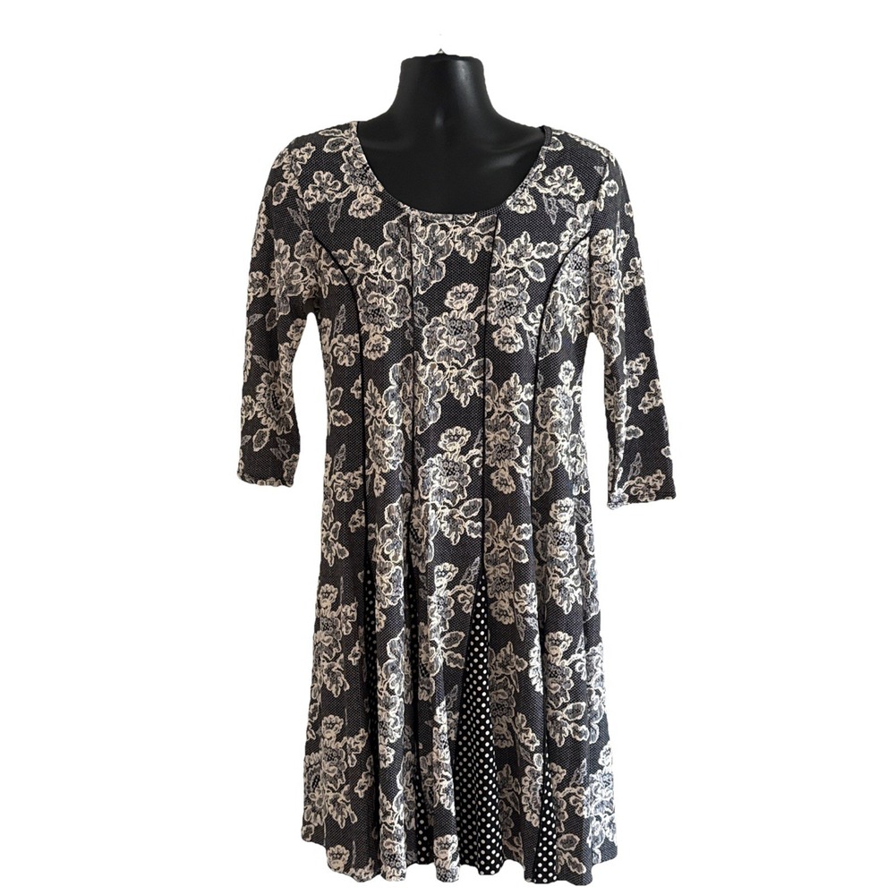 Sami & Jo Women's Dress Sz L Black 3/4 Length Sleeves Polka Dot Floral Lace Look